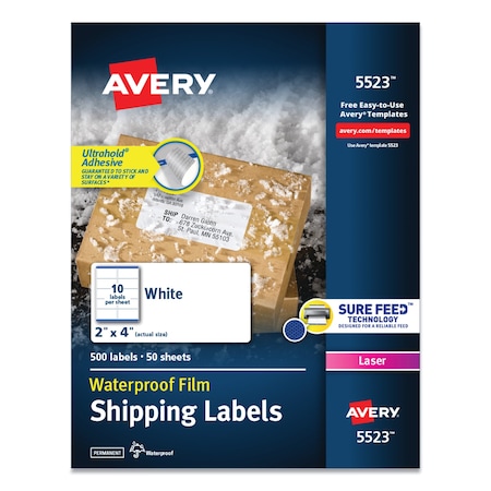 Avery Waterproof Shipping Label w/TrueBlock/Sure Feed, Laser, 2x4, Wt, PK500 05523